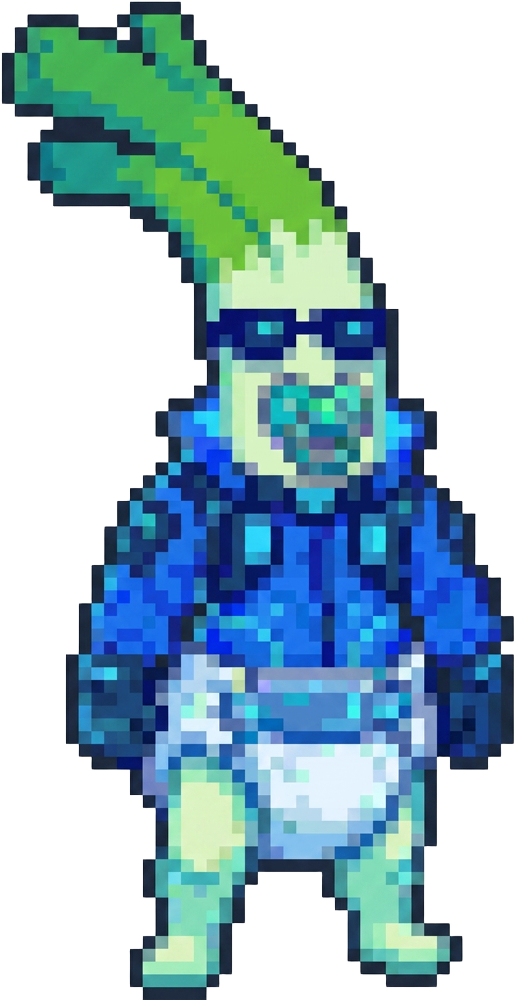 Baby Cyberleek — pixel leek mascot in a hoodie